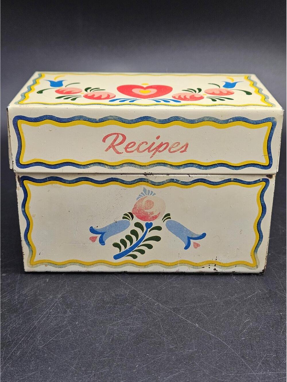 Vintage Ohio Art Metal Recipe Box Tin Pennsylvania Dutch Tulips Hearts Folk Art